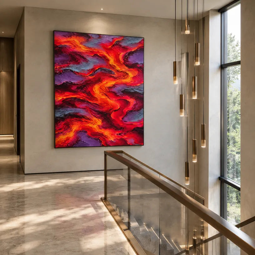 Peinture à l'huile abstraite et conceptuelle pop présentant des marques abstraites superposées, une texture et un mouvement pictural expressif dans une palette rouge.