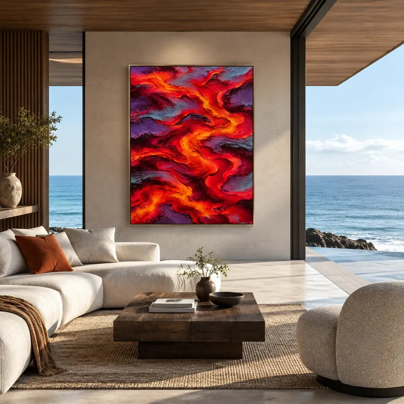 Pop abstract & conceptual oil painting featuring layered abstract marks, texture and expressive painterly movement in a red palette.