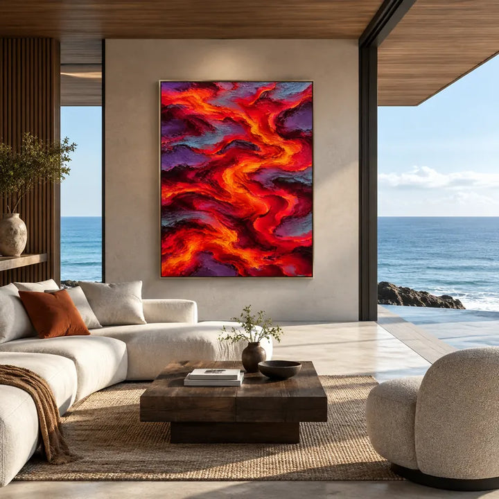 Pittura a olio pop astratta e concettuale con segni astratti stratificati, consistenza e movimento pittorico espressivo in una tavolozza rossa.