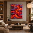 Pittura a olio pop astratta e concettuale con segni astratti stratificati, consistenza e movimento pittorico espressivo in una tavolozza rossa.
