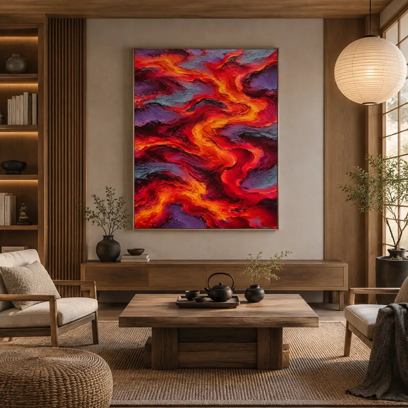 Pittura a olio pop astratta e concettuale con segni astratti stratificati, consistenza e movimento pittorico espressivo in una tavolozza rossa.