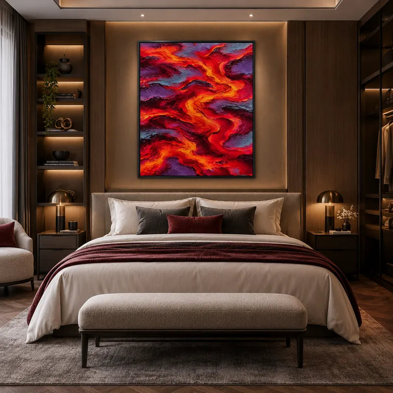 Pittura a olio pop astratta e concettuale con segni astratti stratificati, consistenza e movimento pittorico espressivo in una tavolozza rossa.