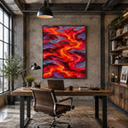 Pittura a olio pop astratta e concettuale con segni astratti stratificati, consistenza e movimento pittorico espressivo in una tavolozza rossa.