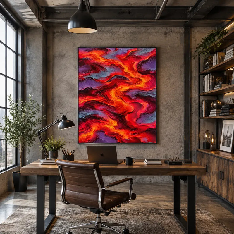 Pittura a olio pop astratta e concettuale con segni astratti stratificati, consistenza e movimento pittorico espressivo in una tavolozza rossa.