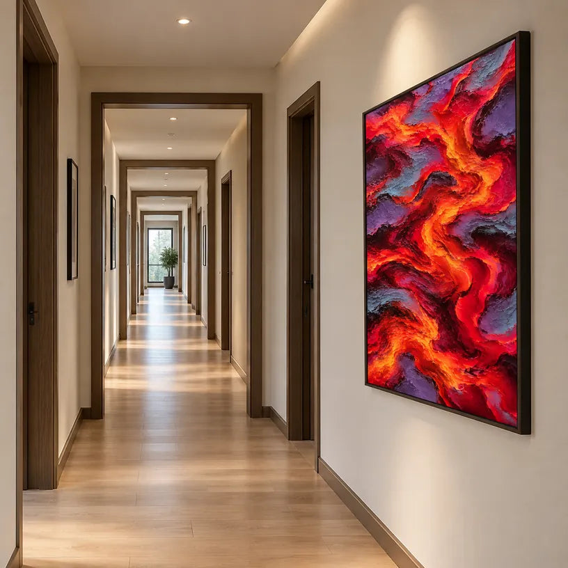 Pittura a olio pop astratta e concettuale con segni astratti stratificati, consistenza e movimento pittorico espressivo in una tavolozza rossa.