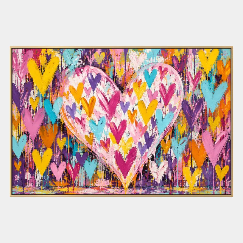 Peinture à l'huile Pop Love représentant un sujet romantique exprimé à travers la forme et la couleur picturales.