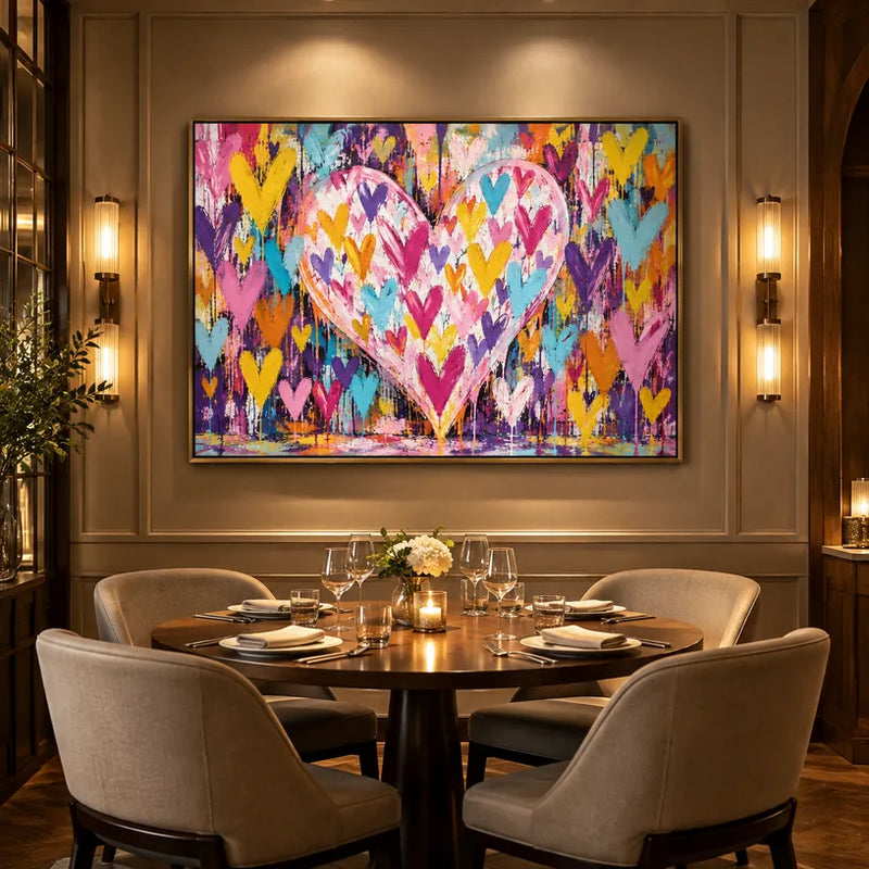 Pintura al óleo de amor pop que presenta un tema romántico expresado a través de formas y colores pictóricos.