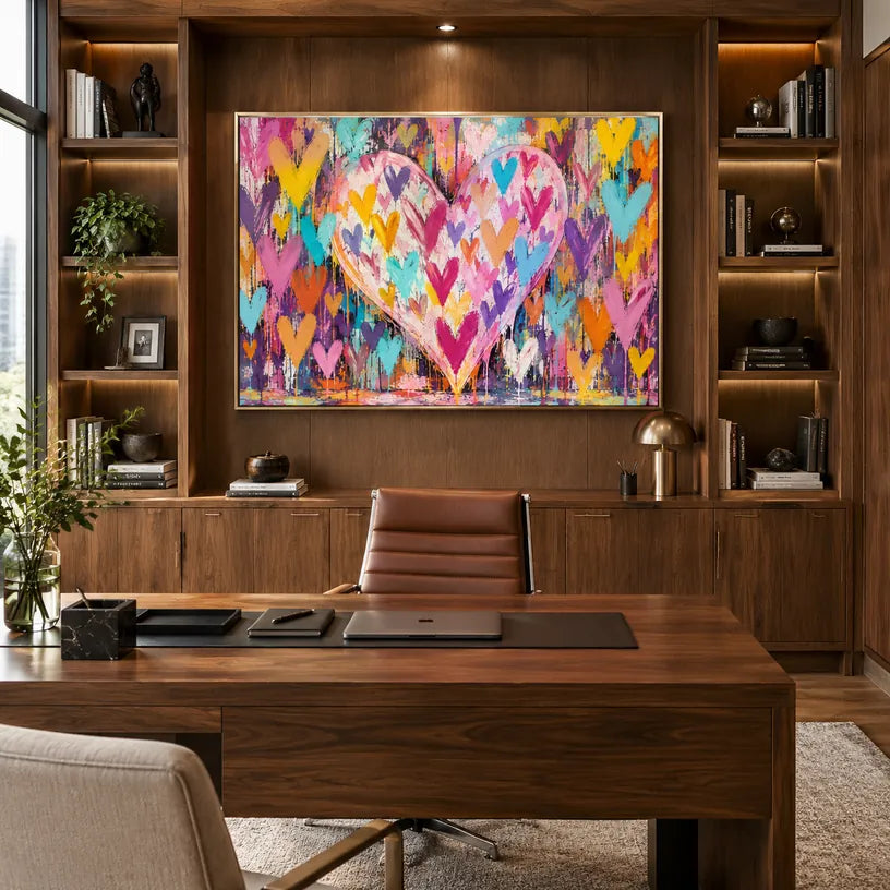 Pintura al óleo de amor pop que presenta un tema romántico expresado a través de formas y colores pictóricos.