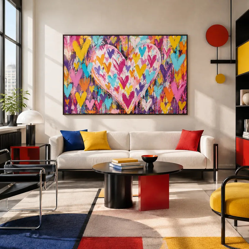 Pintura al óleo de amor pop que presenta un tema romántico expresado a través de formas y colores pictóricos.