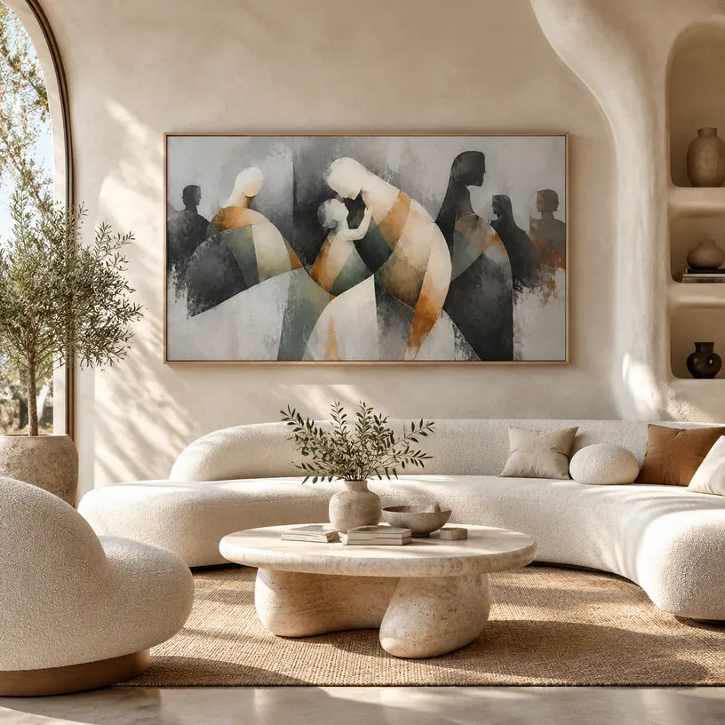 Ritrattistica pop e pittura a olio con figure espressive o ritratti resi con dettagli pittorici in una tavolozza di grigi.