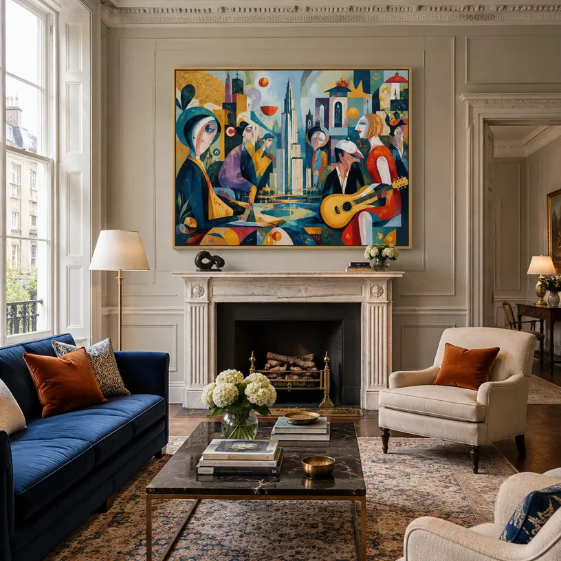 Peinture à l'huile de portraits et de figures pop représentant une figure ou un portrait expressif rendu avec des détails picturaux dans une palette bleue.