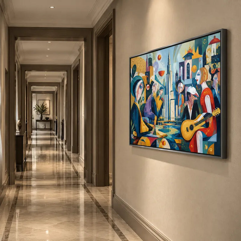 Peinture à l'huile de portraits et de figures pop représentant une figure ou un portrait expressif rendu avec des détails picturaux dans une palette bleue.