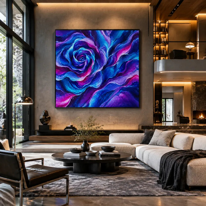 Pop floral/botanicals & nature oil painting featuring botanical forms, flowers or natural elements in a painterly composition in a blue palette.
