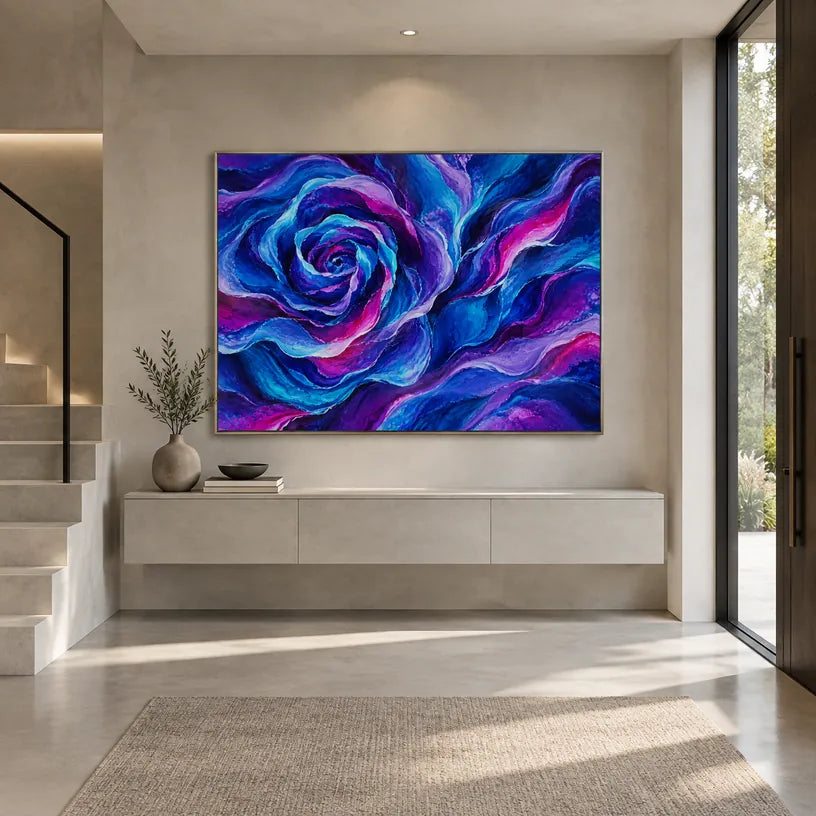 Pop floral/botanicals & nature oil painting featuring botanical forms, flowers or natural elements in a painterly composition in a blue palette.