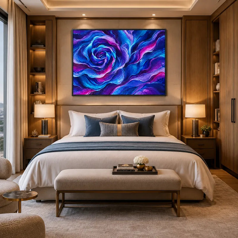 Pop floral/botanicals & nature oil painting featuring botanical forms, flowers or natural elements in a painterly composition in a blue palette.