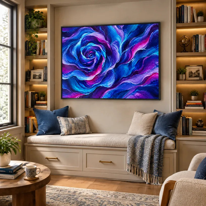 Pop floral/botanicals & nature oil painting featuring botanical forms, flowers or natural elements in a painterly composition in a blue palette.