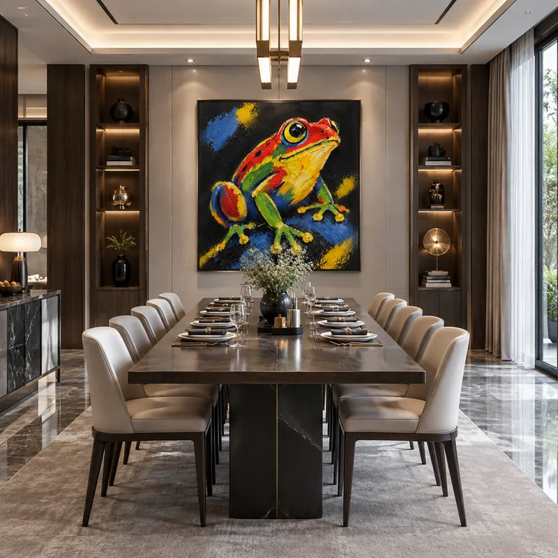 Peinture à l'huile d'animaux pop représentant un sujet animal expressif rendu avec un pinceau visible.
