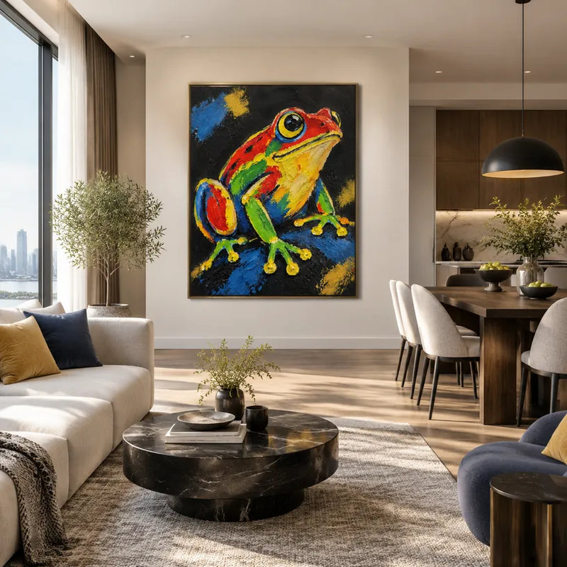 Peinture à l'huile d'animaux pop représentant un sujet animal expressif rendu avec un pinceau visible.