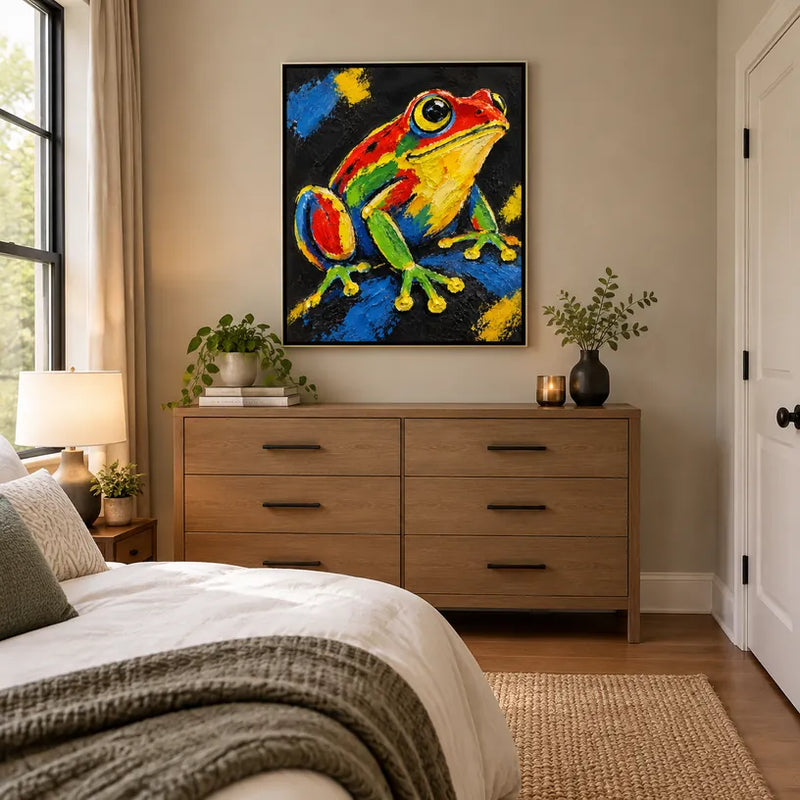 Peinture à l'huile d'animaux pop représentant un sujet animal expressif rendu avec un pinceau visible.