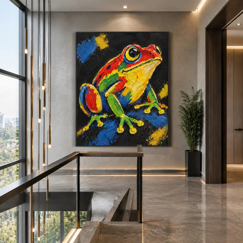 Peinture à l'huile d'animaux pop représentant un sujet animal expressif rendu avec un pinceau visible.