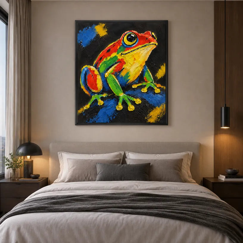 Peinture à l'huile d'animaux pop représentant un sujet animal expressif rendu avec un pinceau visible.