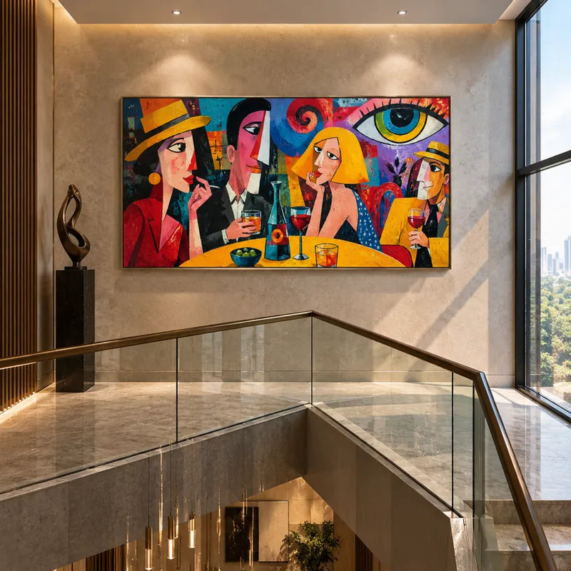 Peinture à l'huile de portraits et de figures pop représentant une figure ou un portrait expressif rendu avec des détails picturaux dans une palette jaune.