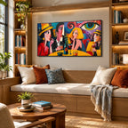 Peinture à l'huile de portraits et de figures pop représentant une figure ou un portrait expressif rendu avec des détails picturaux dans une palette jaune.