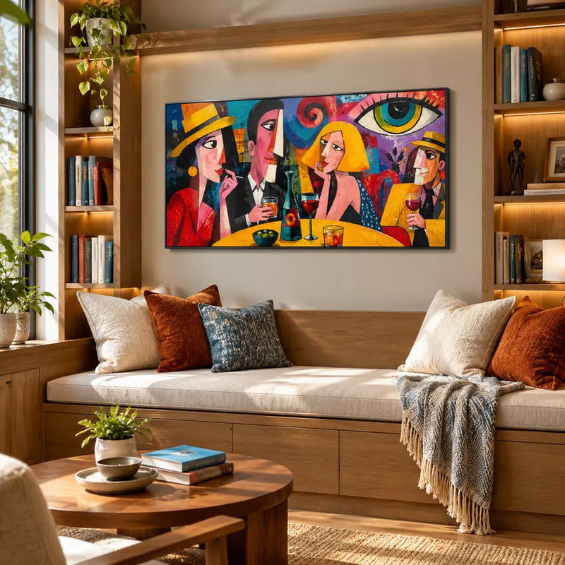 Peinture à l'huile de portraits et de figures pop représentant une figure ou un portrait expressif rendu avec des détails picturaux dans une palette jaune.