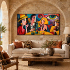 Peinture à l'huile de portraits et de figures pop représentant une figure ou un portrait expressif rendu avec des détails picturaux dans une palette jaune.