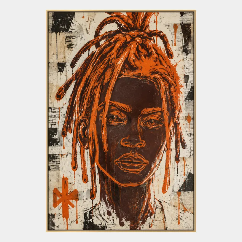 Peinture à l'huile de portraits et de figures pop représentant une figure ou un portrait expressif rendu avec des détails picturaux dans une palette orange.