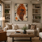 Peinture à l'huile de portraits et de figures pop représentant une figure ou un portrait expressif rendu avec des détails picturaux dans une palette orange.