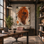 Peinture à l'huile de portraits et de figures pop représentant une figure ou un portrait expressif rendu avec des détails picturaux dans une palette orange.