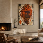 Peinture à l'huile de portraits et de figures pop représentant une figure ou un portrait expressif rendu avec des détails picturaux dans une palette orange.