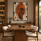 Peinture à l'huile de portraits et de figures pop représentant une figure ou un portrait expressif rendu avec des détails picturaux dans une palette orange.
