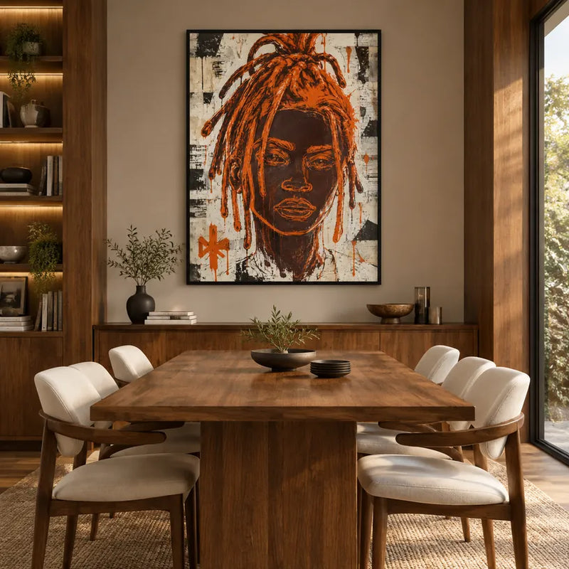 Peinture à l'huile de portraits et de figures pop représentant une figure ou un portrait expressif rendu avec des détails picturaux dans une palette orange.