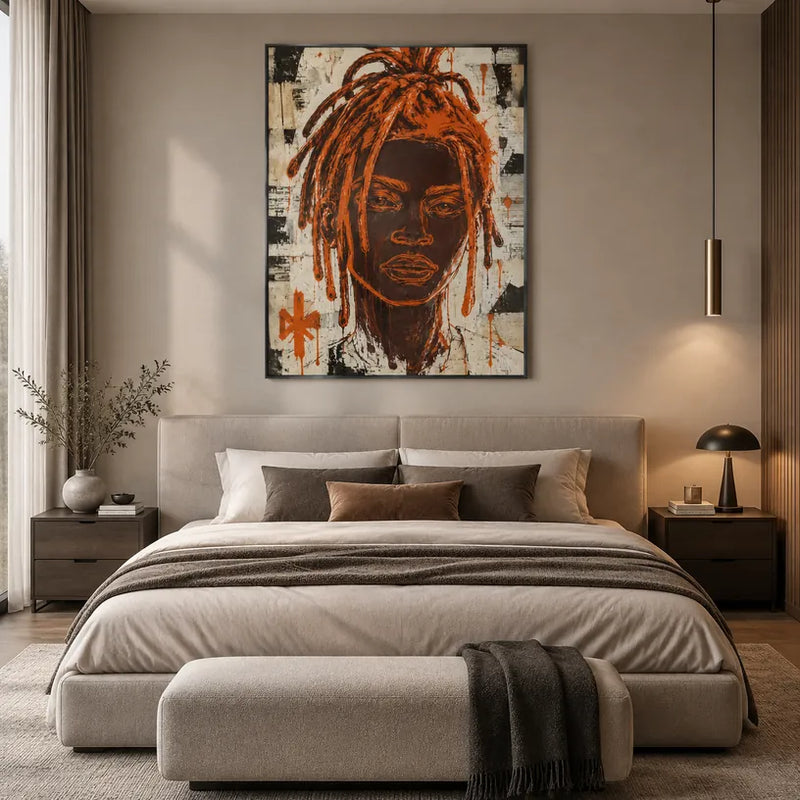 Peinture à l'huile de portraits et de figures pop représentant une figure ou un portrait expressif rendu avec des détails picturaux dans une palette orange.