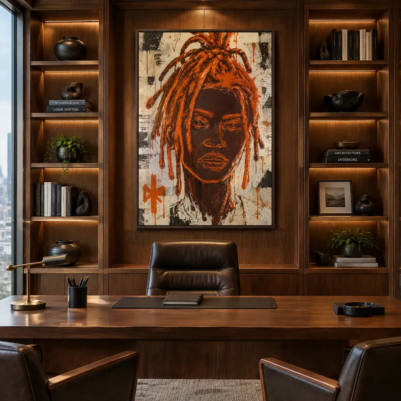 Peinture à l'huile de portraits et de figures pop représentant une figure ou un portrait expressif rendu avec des détails picturaux dans une palette orange.