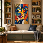 Ritrattistica pop e pittura a olio con figure espressive o ritratti resi con dettagli pittorici in una tavolozza blu.