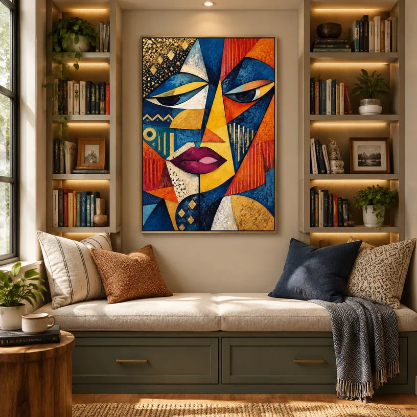Retrato pop y pintura al óleo de figuras que presentan una figura o un retrato expresivo representado con detalles pictóricos en una paleta azul.