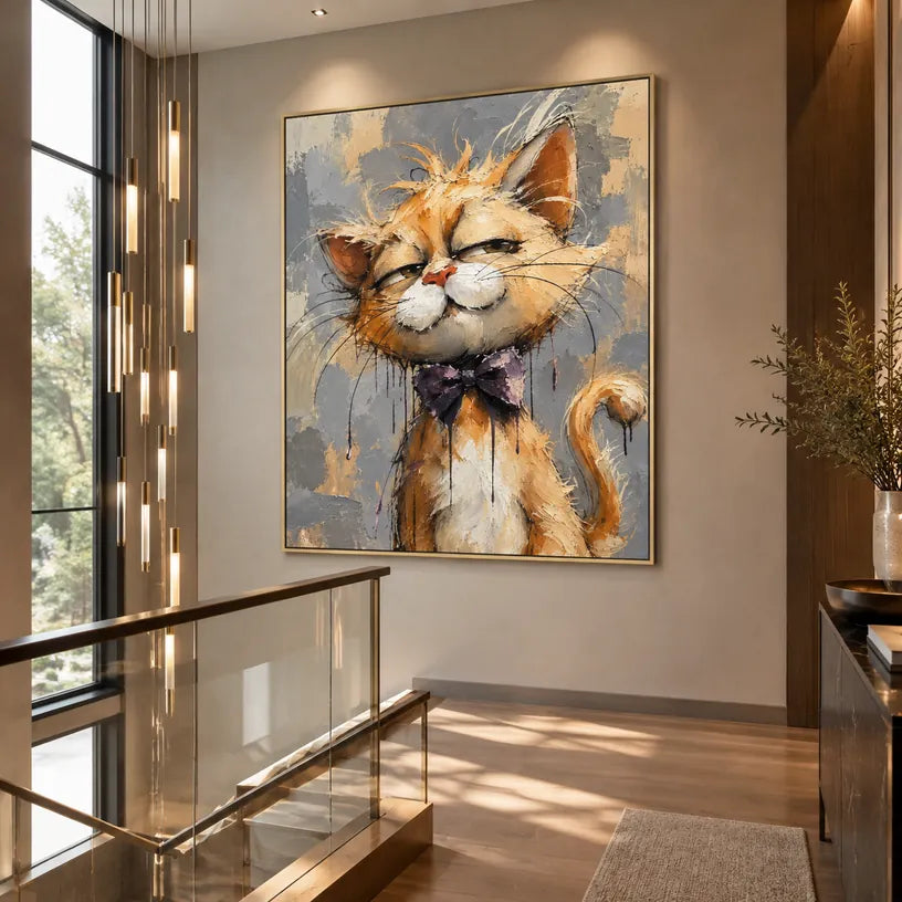 Dipinto a olio con animali pop che presenta un soggetto animale espressivo reso con pennellate visibili in una tavolozza di grigi.