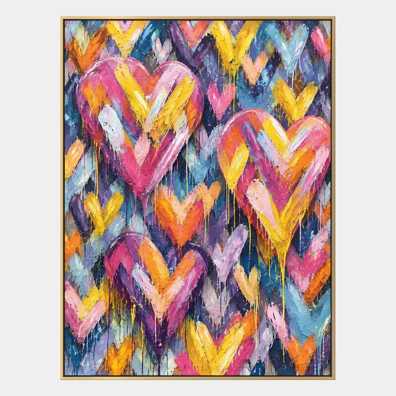 Peinture à l'huile Pop Love représentant un sujet romantique exprimé à travers la forme et la couleur picturales.