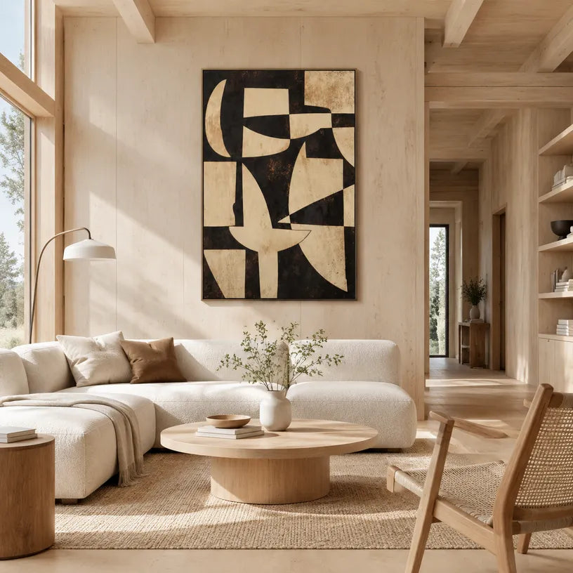 Wabi-Sabi abstract oil painting showing layered abstract marks, texture and expressive painterly movement in a brown palette.