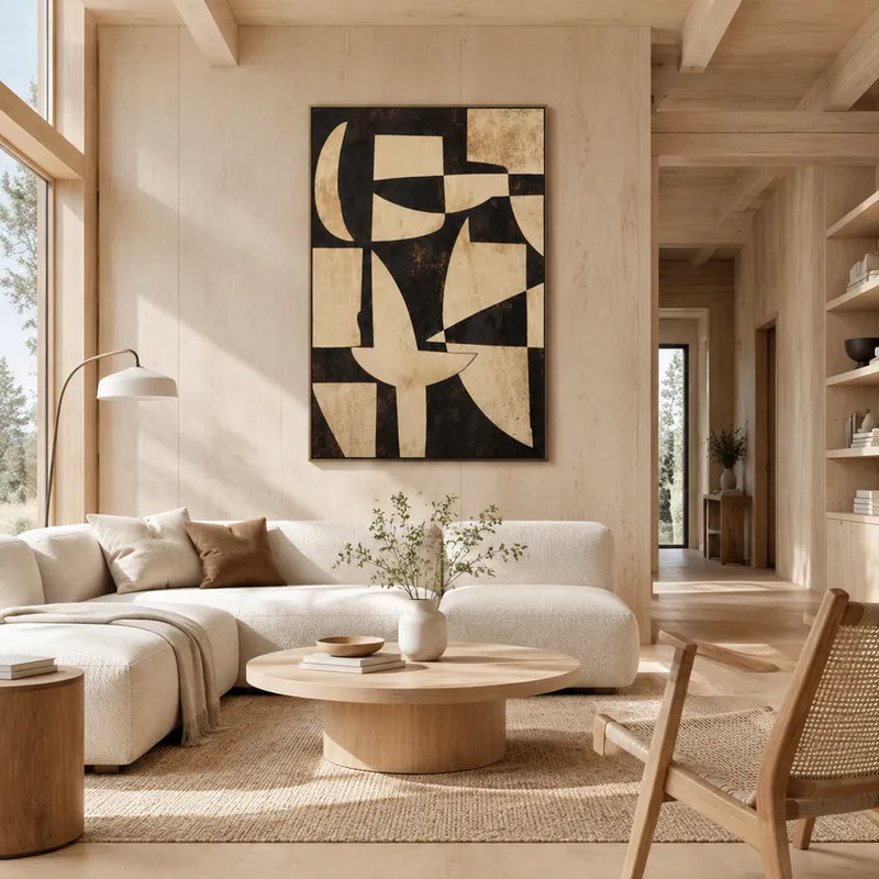 Peinture à l'huile abstraite et conceptuelle Wabi-Sabi présentant des marques abstraites superposées, une texture et un mouvement pictural expressif dans une palette beige.