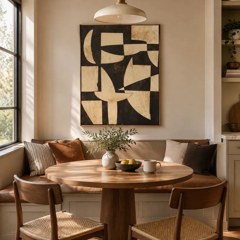 Wabi-Sabi abstract oil painting showing layered abstract marks, texture and expressive painterly movement in a brown palette.