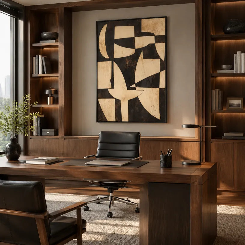 Wabi-Sabi abstract oil painting showing layered abstract marks, texture and expressive painterly movement in a brown palette.