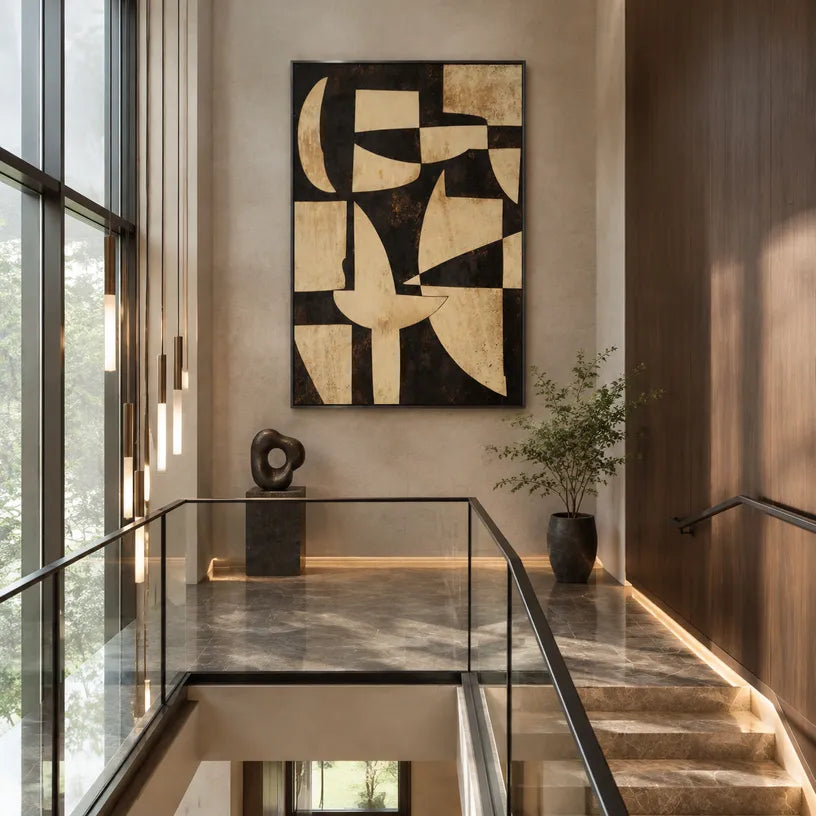 Wabi-Sabi abstract oil painting showing layered abstract marks, texture and expressive painterly movement in a brown palette.