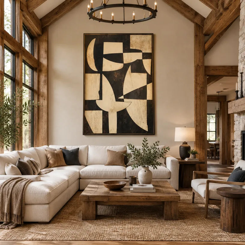 Wabi-Sabi abstract oil painting showing layered abstract marks, texture and expressive painterly movement in a brown palette.