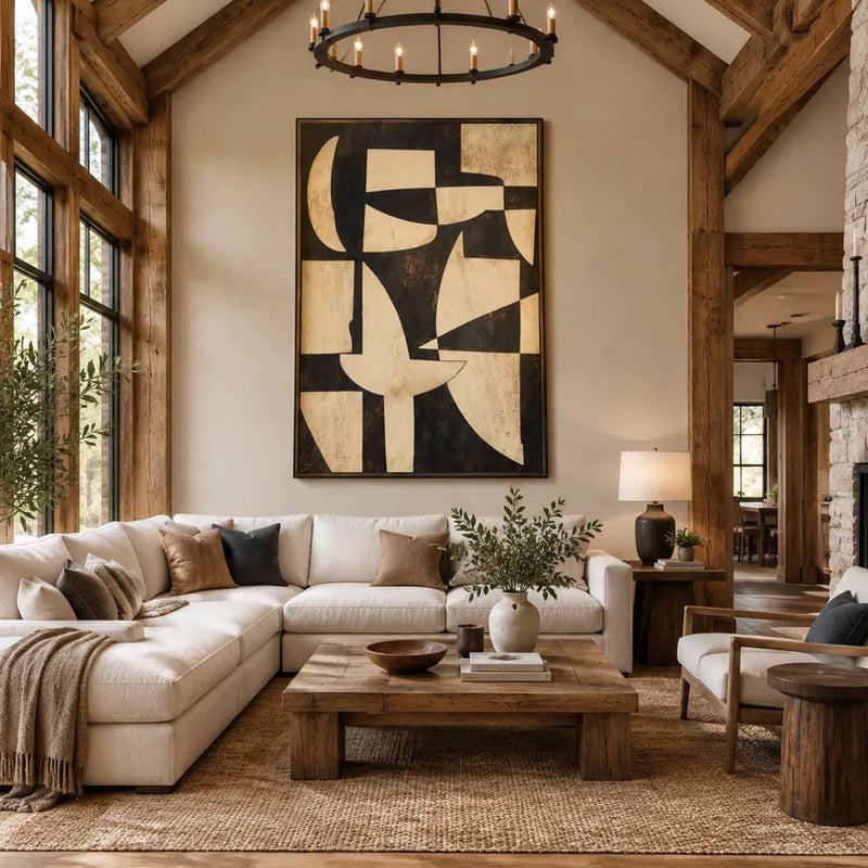 Peinture à l'huile abstraite et conceptuelle Wabi-Sabi présentant des marques abstraites superposées, une texture et un mouvement pictural expressif dans une palette beige.