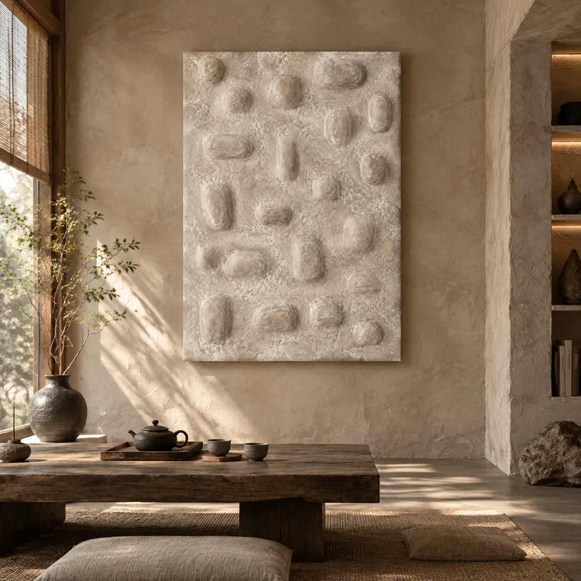 Wabi-Sabi abstract oil painting showing layered abstract marks, texture and expressive painterly movement in a beige palette.