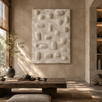 Wabi-Sabi abstract oil painting showing layered abstract marks, texture and expressive painterly movement in a beige palette.
